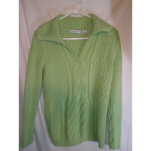 Liz Claiborne Cable Knit Sweater Collared Pullover Green‎ Cotton Blend L